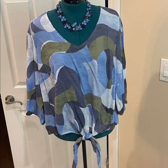 Tops - Olivia & Martin Blue and Olive Green Tie Waist Plus Size Top - Size 2X